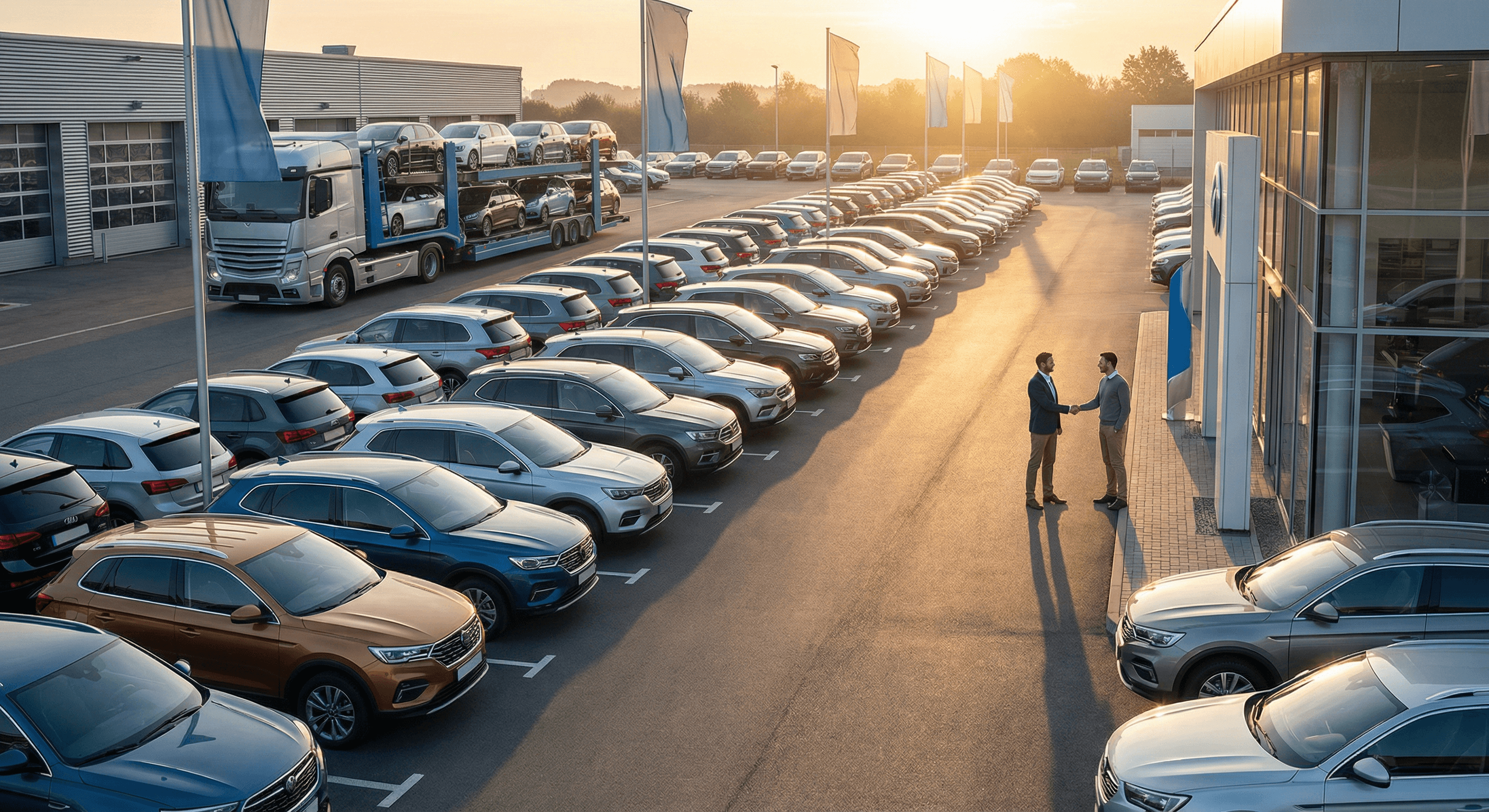 A dealership lot with vehicles ready for transport